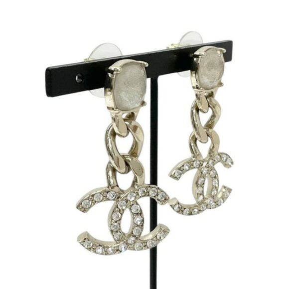 CHANEL CC Logos Rhinestone Dangle Stud Earrings Gold Tone C23C Auth - Picture 1 of 6